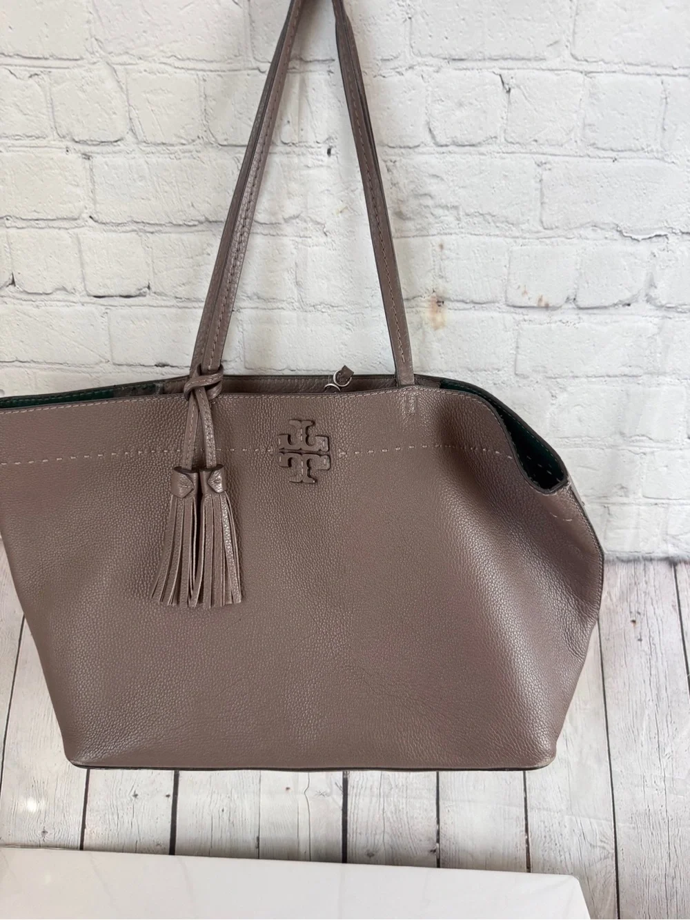 Tory Burch Taupe Pebbled Leather Tote with Tassel